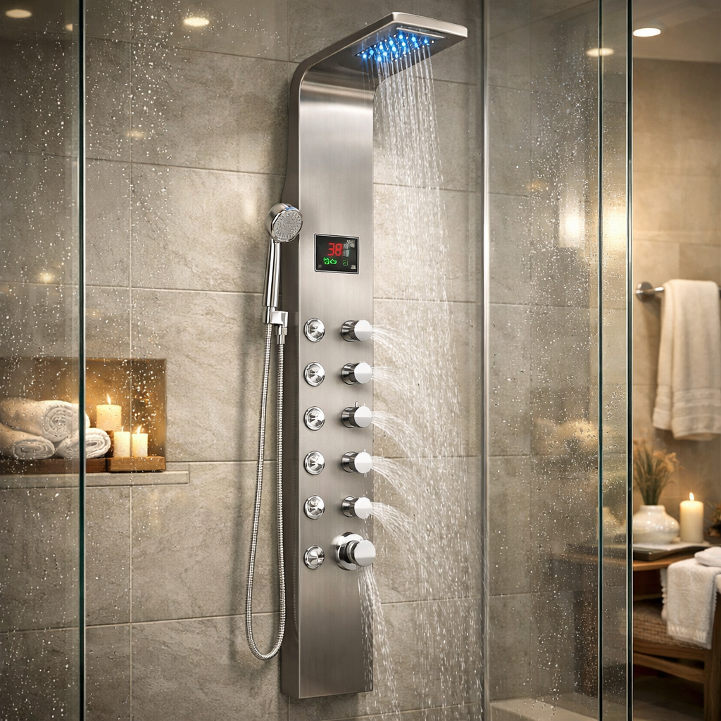 Teruma Hydro-Lux LED Shower Tower - Thermostatic with Body Jets Brushed Nickel Edition