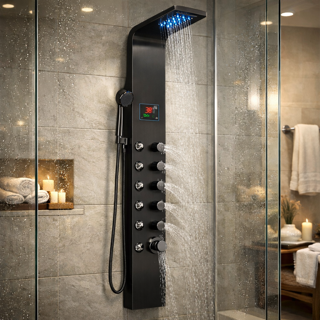 Teruma Hydro-Lux LED Shower Tower - Thermostatic with Body Jets Matte Black Edition