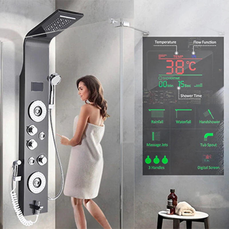 Teruma Hydro-Lux LED Shower Tower - Thermostatic with Body Jets Brushed Nickel Edition